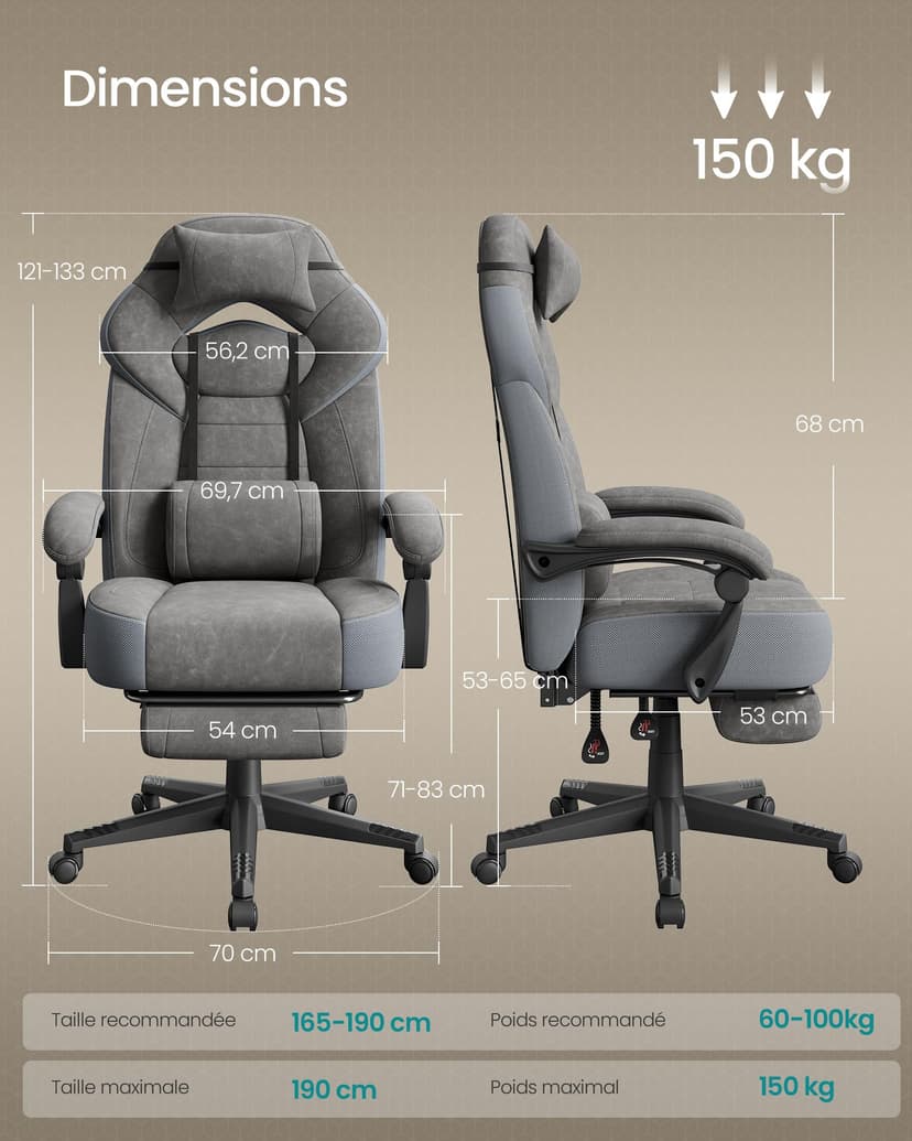 SONGMICS Chaise de Jeu, Chaise d'Ordinateur, Ergonomique, avec Repose-Pieds, Coussin de Tête Ajustable, Support Lombaire, Capacité de Charge de 150 kg, Gris Ardoise OBG077G01 - 7