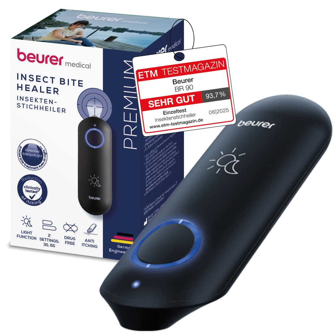 Beurer BiteX Day&Night Insect Bite Healer BR 90, mosquito bite heat pen for the treatment of insect bites and stings, electronic bite healer, with light for usage in the dark, travel gadget