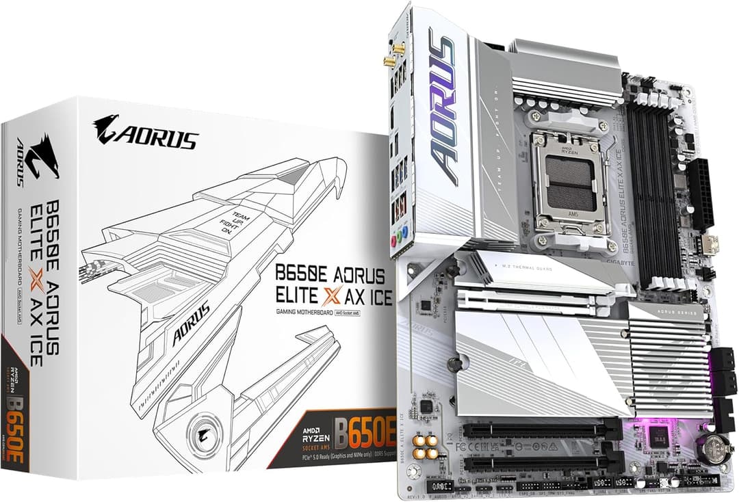 Gigabyte B650E AORUS ELITE X AX ICE Motherboard - Supports AMD Ryzen 8000 CPUs, 12+2+2 phases VRM, up to 8000MHz DDR5 (OC), 1xPCIe 5.0 M2 + 2xPCIe 4.0 M.2, Wi-Fi 6E, 2.5GbE LAN, USB 3.2 Gen 2