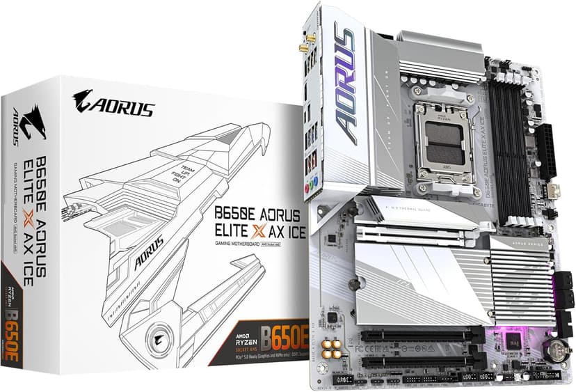 Gigabyte B650E AORUS ELITE X AX ICE Motherboard - Supports AMD Ryzen 8000 CPUs, 12+2+2 phases VRM, up to 8000MHz DDR5 (OC), 1xPCIe 5.0 M2 + 2xPCIe 4.0 M.2, Wi-Fi 6E, 2.5GbE LAN, USB 3.2 Gen 2 - 1