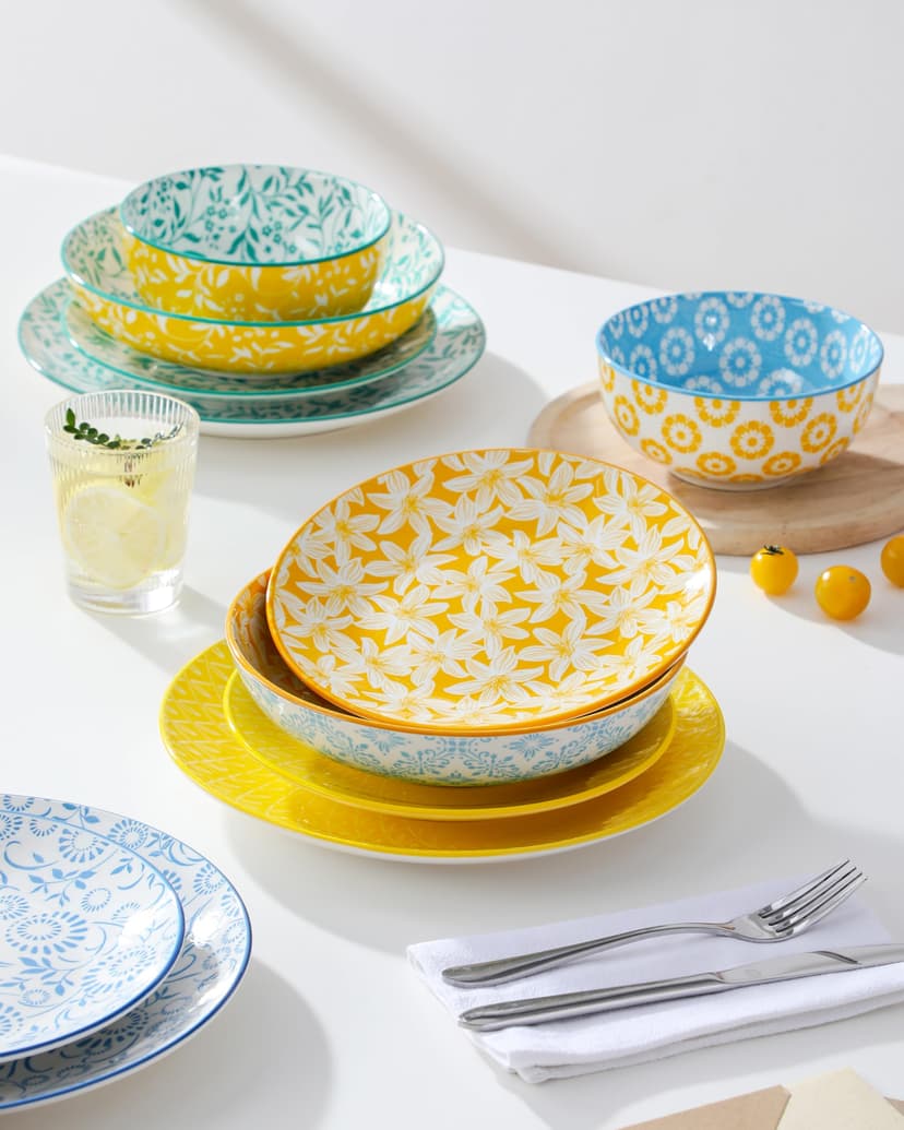 vancasso SELENE Assiettes Service de Table pour 6 Personnes, 24 Pièces, Vaisselle en Porcelaine Pastel - 6 Assiette Plate, à Dessert, Creuses et Bols - Adapté au Micro-Ondes - Style Floral Coloré - 7