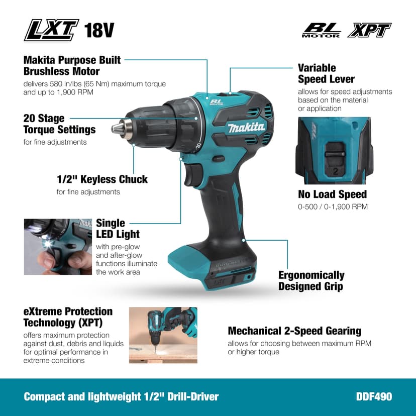 Makita Perceuse sans balais DDF490Z Li-ion LXT 18 V, piles et chargeur non inclus - 2
