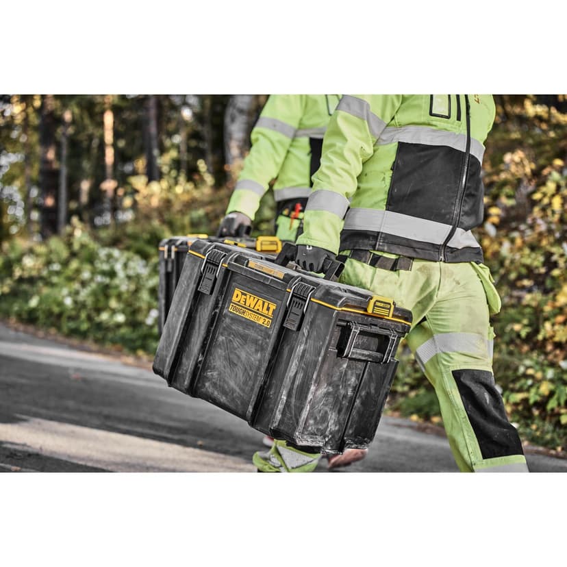 Heavy-duty toolbox with IP65 seal, 50kg load, auto-latching, removable tray, and tracker-ready design—ideal for secure, stackable jobsite tool storage. - 4