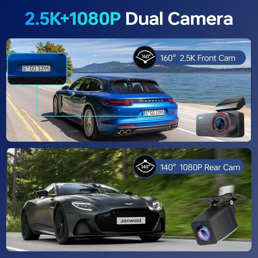 Dash Cam Front and Rear, 2.5K /1080P QHD Dual Dash Camera for Cars, Super Night Vision Dashcam, Loop Recording, 3.39” IPS, 64GB Card Included, 160° Wide Angle, Parking Mode - Black Pro - 2