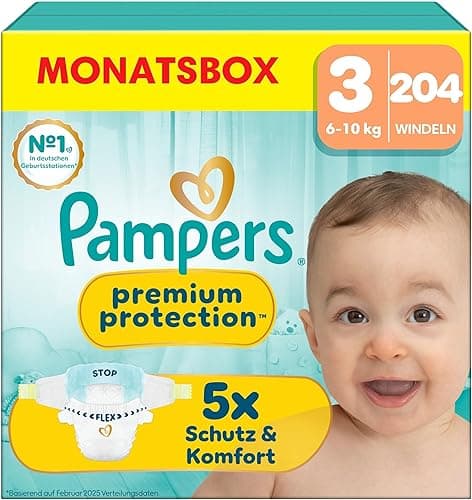 Pampers Couches Premium Protection Taille 3 (6-10 kg), 204 Couches Bébé, Pack 1 Mois, Notre N°1 Pour La Protection Des Peaux Sensibles