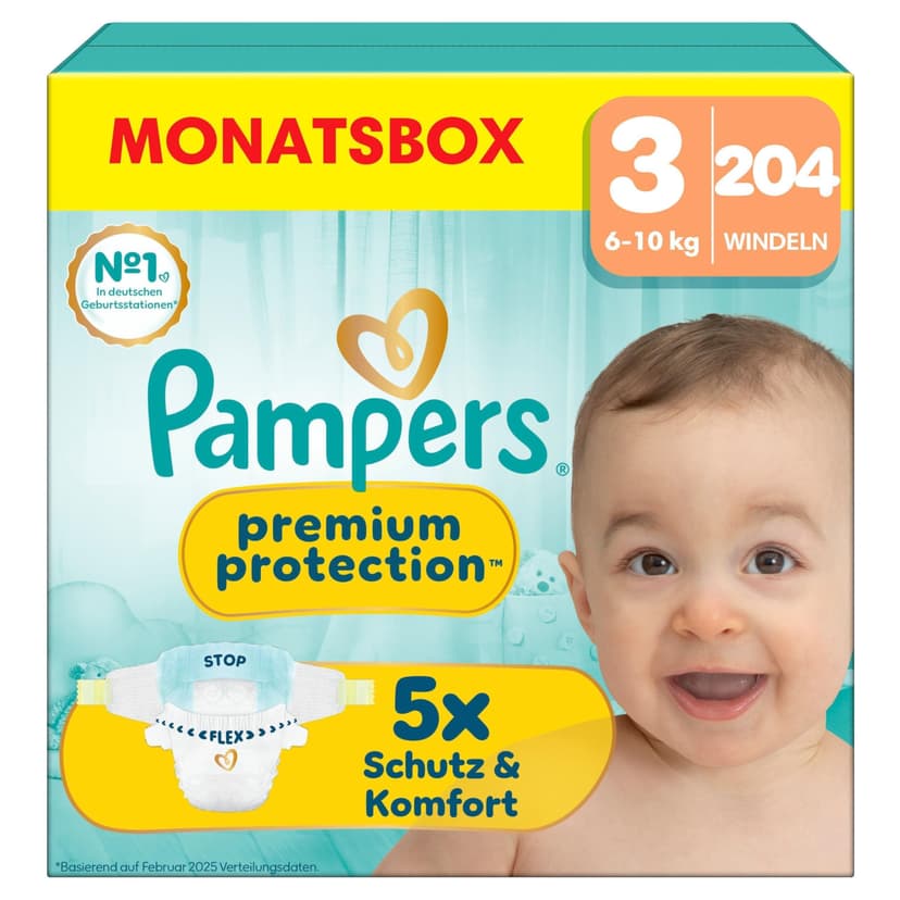 Pampers Couches Premium Protection Taille 3 (6-10 kg), 204 Couches Bébé, Pack 1 Mois, Notre N°1 Pour La Protection Des Peaux Sensibles - 1