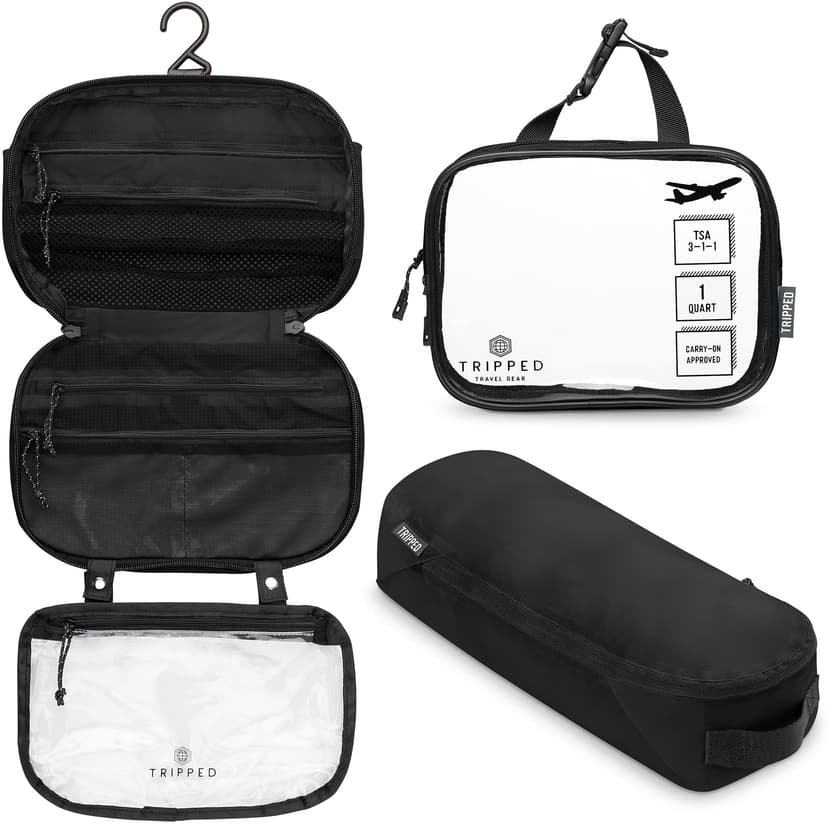 Toiletry Bag Kit Set: Hanging Travel Toiletry Bag + 311 TSA Cosmetic Liquid Bag + Ultralight Accessory Organizer Pouch, Black Ripstop, 3 Piece Toiletry Set - 1
