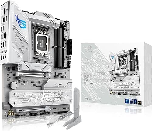 ASUS ROG Strix B860-A Gaming WiFi ATX motherboard, Advanced AI PC-ready, 14+1+2+1 power stages, DDR5 slots, PCIe 5.0, four M.2 slots, WiFi 7, AI Networking II, Aura Sync RGB lighting.