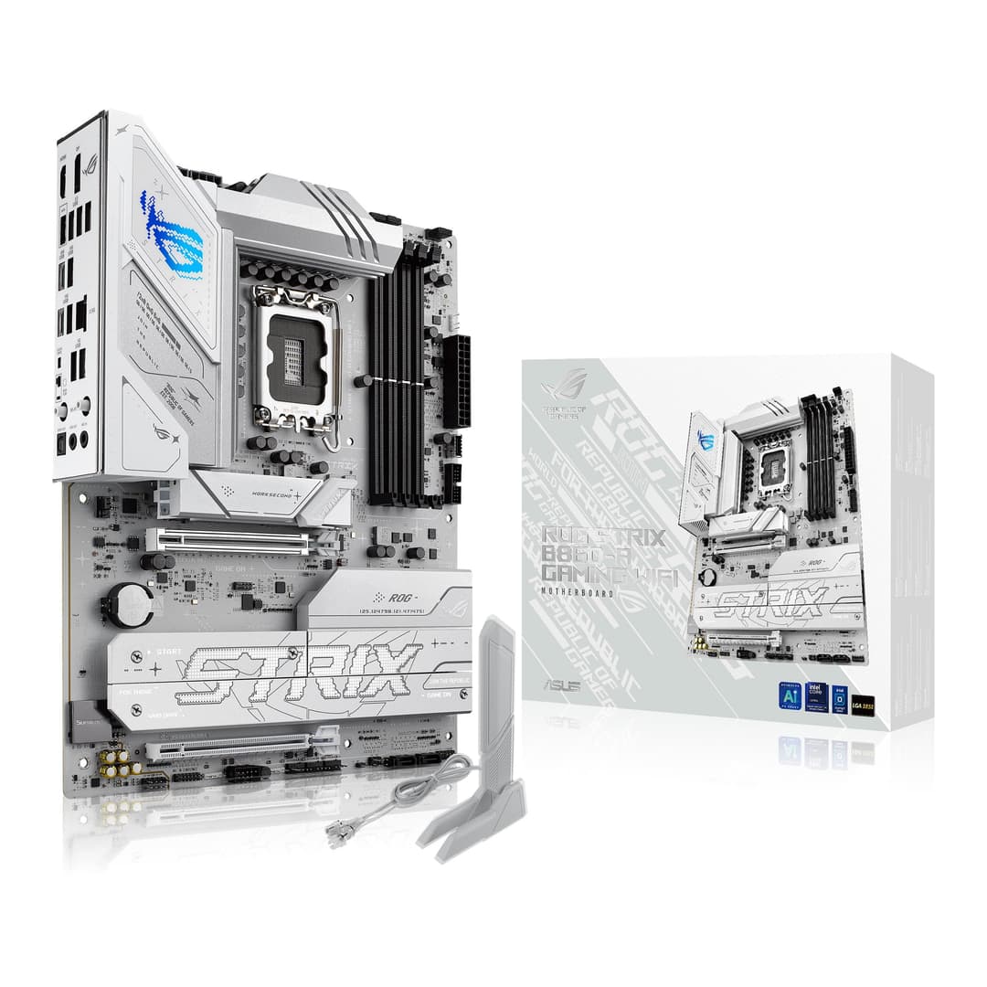 ASUS ROG Strix B860-A Gaming WiFi ATX motherboard, Advanced AI PC-ready, 14+1+2+1 power stages, DDR5 slots, PCIe 5.0, four M.2 slots, WiFi 7, AI Networking II, Aura Sync RGB lighting.