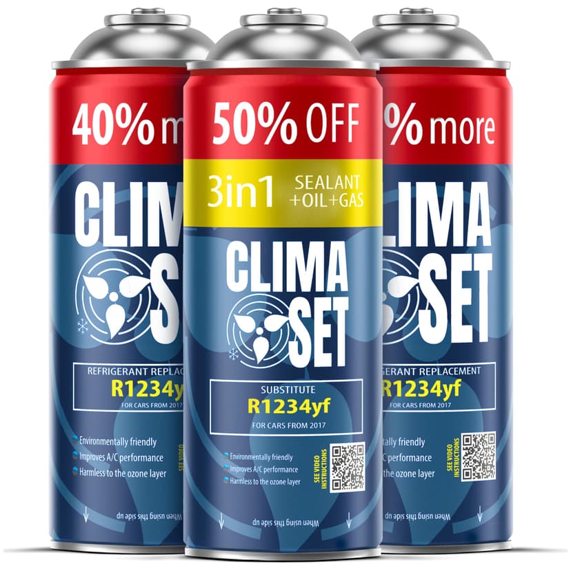 CLIMASET - 3-En-1 R 1234yf Recharge Climatisation, Huile, Produit Anti-Fuites XL et 2 X R1234yf XL - Kit de Recharge de Gaz pour Climatisation Automobile - 1