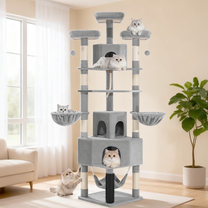 Fobyfurny Large Cat Tree, 220cm Cat Climbing Frame with Large Cave, 3 Top Perches, 8 Sisal Posts, Hammock, Baskets, Grooming Post, Thick Sisal Rope, Play Towers & Trees for Cats, Light Grey FPMS011FG1 - 9