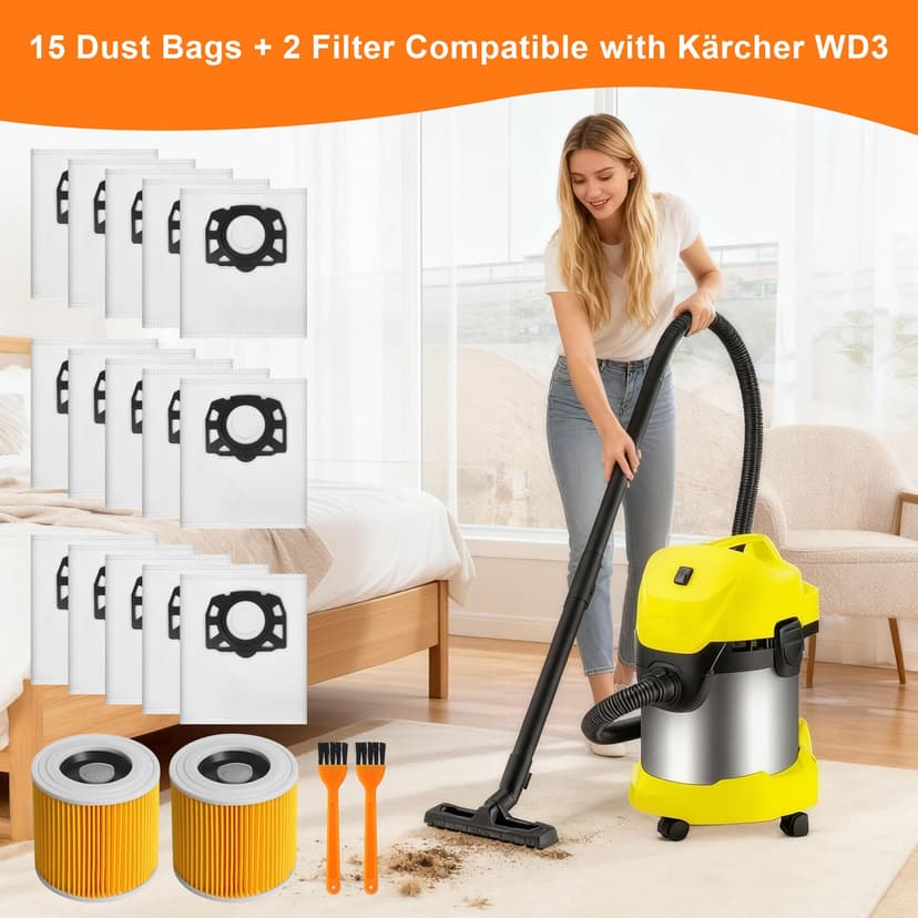 Pack of 15 for Kärcher KFI 357 Vacuum Cleaner Bags + 2 Filters + 2 Filter Brushes Replacement for Kärcher WD2 Plus, WD2, WD3, SE4002, SE4001 KWD1-3 WD3.200, 2.863-314.0, Filter for WD3P Accessory Set - 6