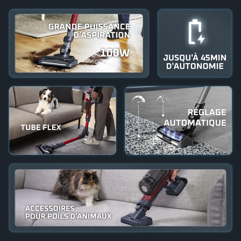 Rowenta X-Pert 6.60 Smart Aspirateur Balai sans fil, Tube Flex, Idéal pour les Poils D'animaux, Léger, Puissance 100W, Autonomie 45min, LED RH6471WO, Noir/Rouge - 4