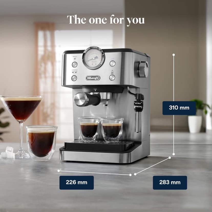 De'Longhi Linea Classic EM450.M Machine à café manuelle avec tige vapeur, machine à expresso avec pompe barista, buse pour cappuccino, filtre double paroi, 15 bar, tasse jusqu'à 13 cm, acier - 7