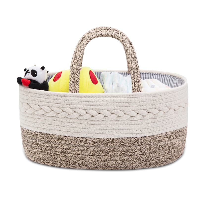 YEONHWA Boîte de rangement pour couches de bébé, panier de rangement en coton pour bébé en corde tissée, poignée portable avec grande boîte de rangement pour vestiaire, beige - 2