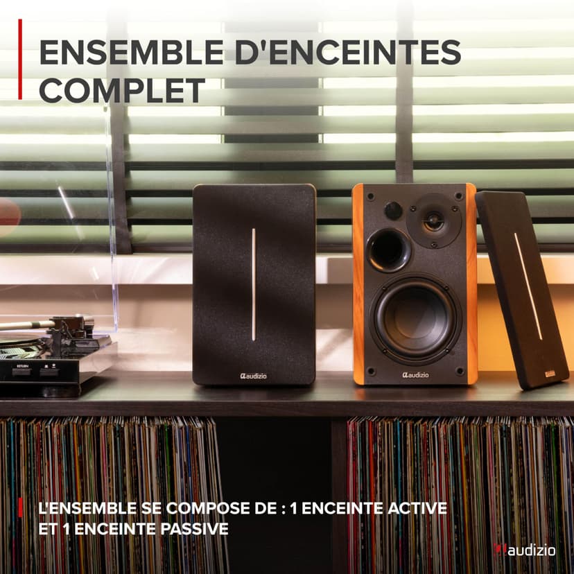 Audizio KS01B - Paire d’Enceintes HiFi Bibliothèque 120 W Finition Bois | BT sans Fil, Entrées RCA/Optique, Design Élégant, Son Clair et Puissant - 2