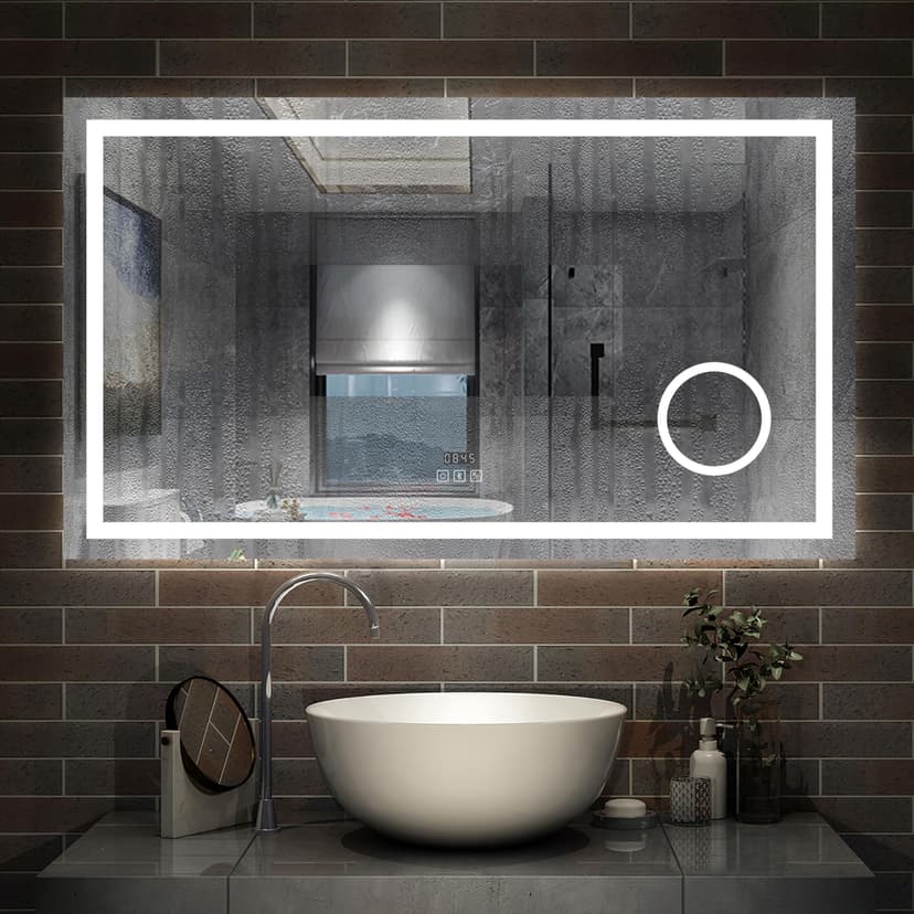 AICA Miroir de Salle de Bain LED avec Bluetooth 100x60cm, Miroir Lumineux avec Horloge + 3 Couleurs + Dimmable + Anti-buée + Grossissant 3X,Miroir Mural Interrupteur Tactile Étanche - 6