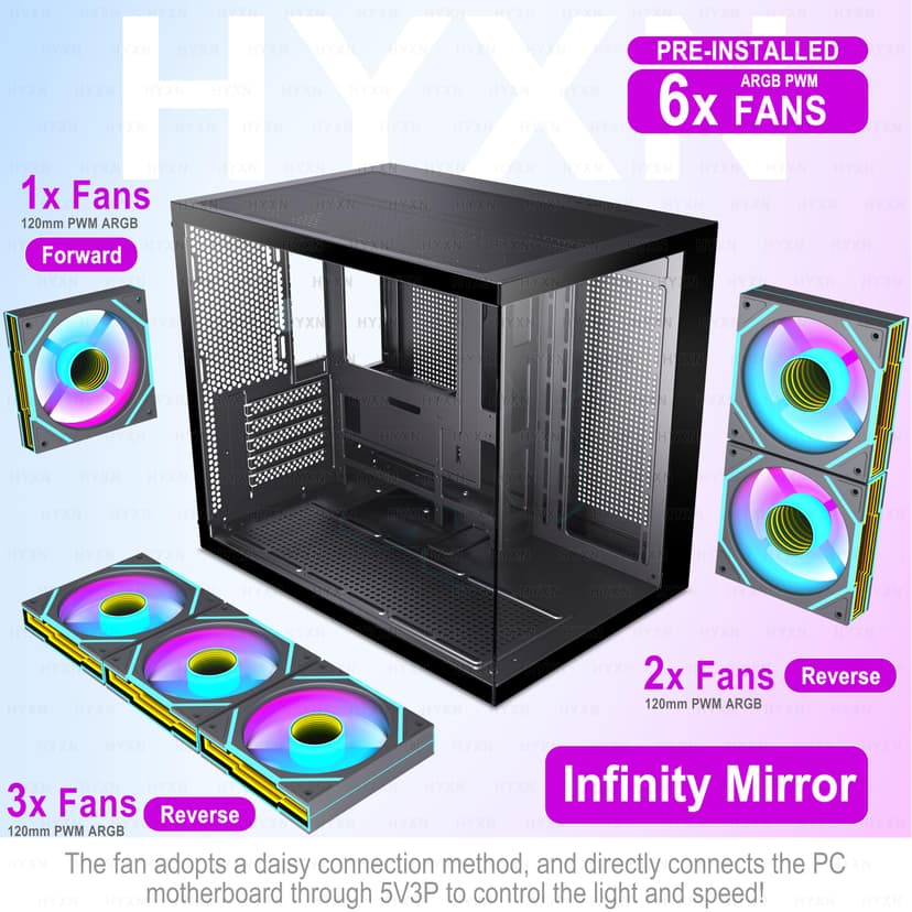 H3 ATX PC Case - Pre-Installed 6 Infinity Mirror PWM ARGB Fans, Compact ATX Dual Chamber Mid Tower Gaming PC Case, with Type-C 3.2 (Black, H3) - 6