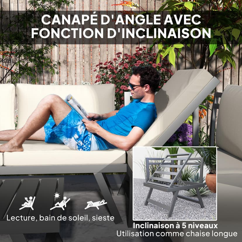 Outsunny Salon de Jardin extérieur d'angle et Convertible 4 pièces avec 2 banquettes, 1 Fauteuil d'angle et 1 Table Basse, Aluminium et Acier mobilier de Jardin pour Balcon terrasse, Beige - 5