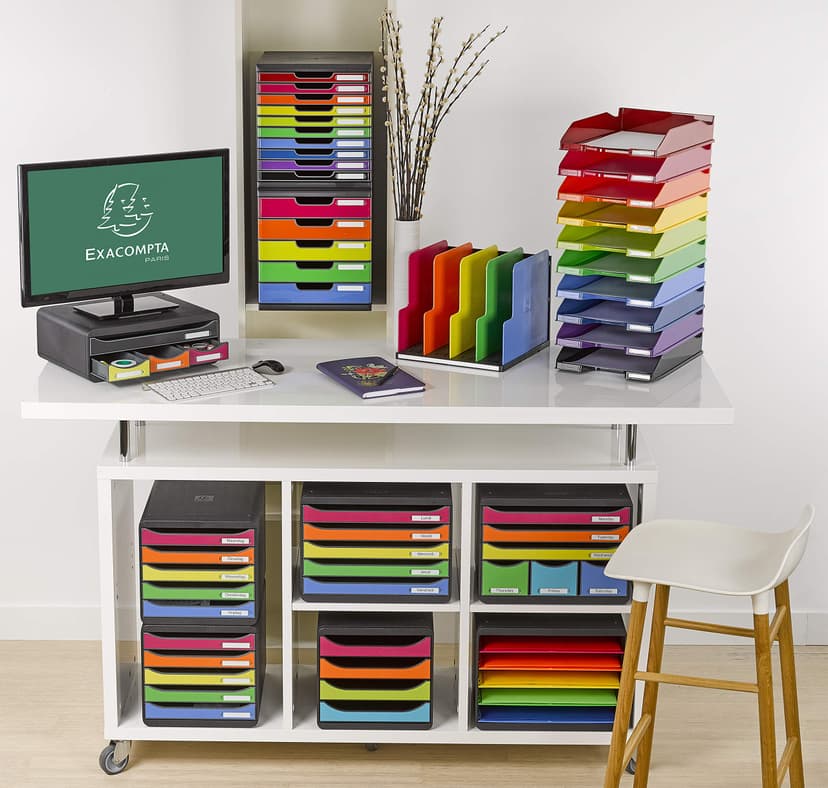 Exacompta - Ref 310498D - BIG-BOX Desktop Drawer Set - 4 x 55mm Drawers, Suitable for A4+ Documents, 347 x 278 x 267mm, 100% Recycled Plastic - Black/Harlequin - 5