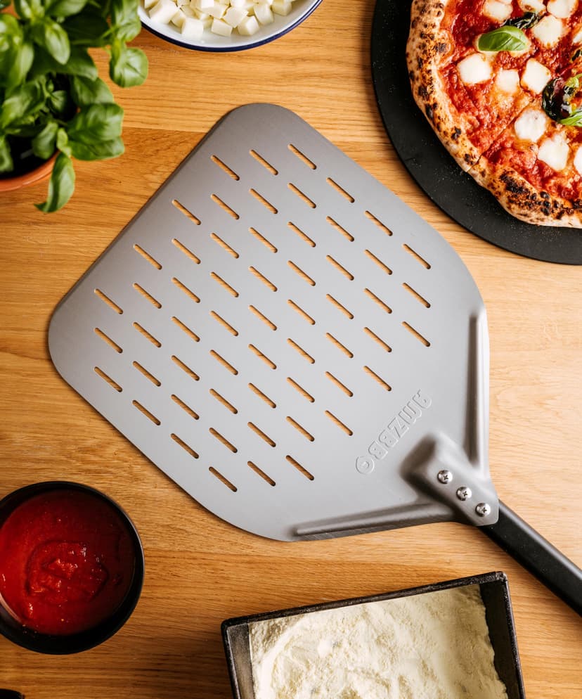 AMZBBQ® Premium Pizza Peel - 35 x 35 x 71 cm Perforated Pizza Shovel Made of Hard Anodised Aluminium for Easy Gliding on Pizza Stone - Grill Accessory Gift for Men - 5