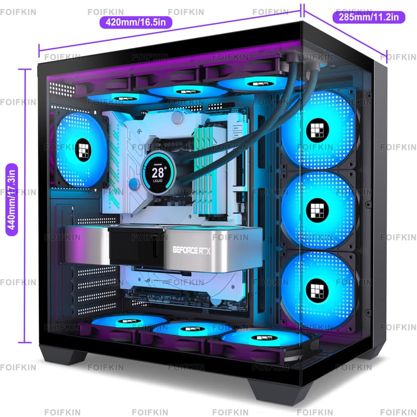 FOIFKIN F300 Boitier PC ATX avec 7 Ventilateur PWM ARGB,Boîtier PC Gamer,Boîtier d'ordinateur Moyen Tour Verre panoramique,ATX Boîtier Noir,Support RAD 360mm,Type-C,Flux d'air élevé (Noir-RGB, F300) - 6