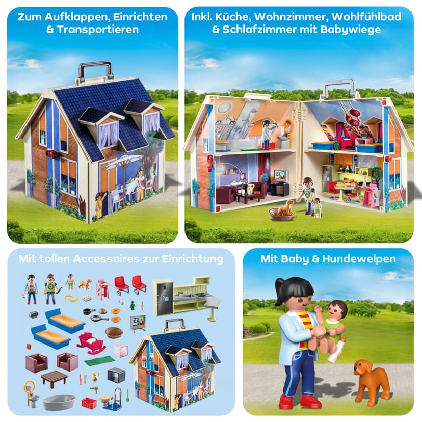 Playmobil 70985 Maison transportable - Dollhouse - avec Trois Personnages, Salle de Bains, Chambre, Salon et Cuisine - Tout équipée - La Maison Traditionnelle - s'ouvre s'emporte Partout - Dès 5 Ans - 6