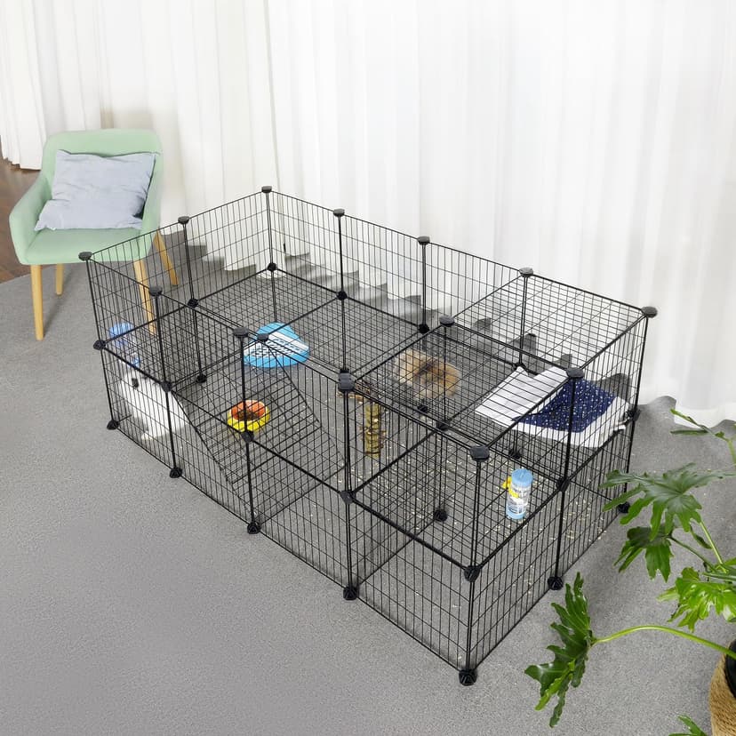 SONGMICS Clôture pour Animaux Domestiques, 2 Niveaux, Enclos Modulable, pour Petits Animaux, Hamsters, Lapins, Cochon d’Inde, Panneaux Grillagés, Usage Intérieur, 143 x 73 x 71 cm, Noir LPI02H - 3