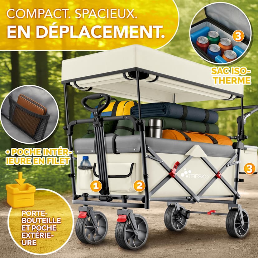 TRESKO® Chariot de courses pliable avec toit, compartiment réfrigéré et stores latéraux | Charrette à main pouvant supporter jusqu'à 150 kg | Chariot de transport avec pneus en caoutchouc plein et - 3