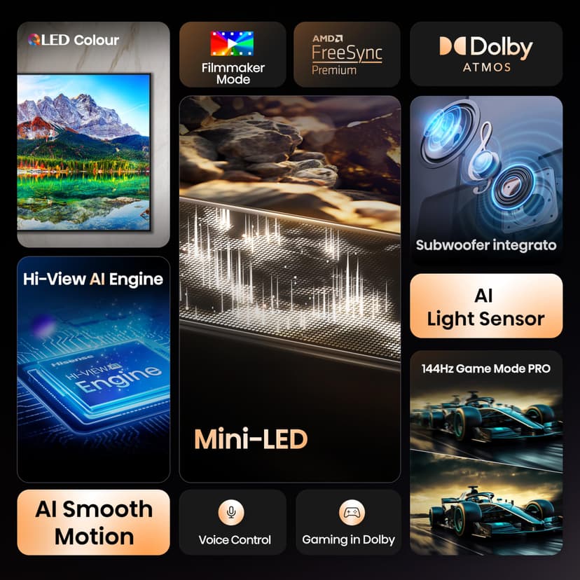 Hisense 65E8Q Mini LED Smart TV, Quantum Dot, 144Hz, Integrated Subwoofer, Dolby Vision IQ & Dolby Atmos, Full Array Local Dimming, Hi-View Engine Processor - 3