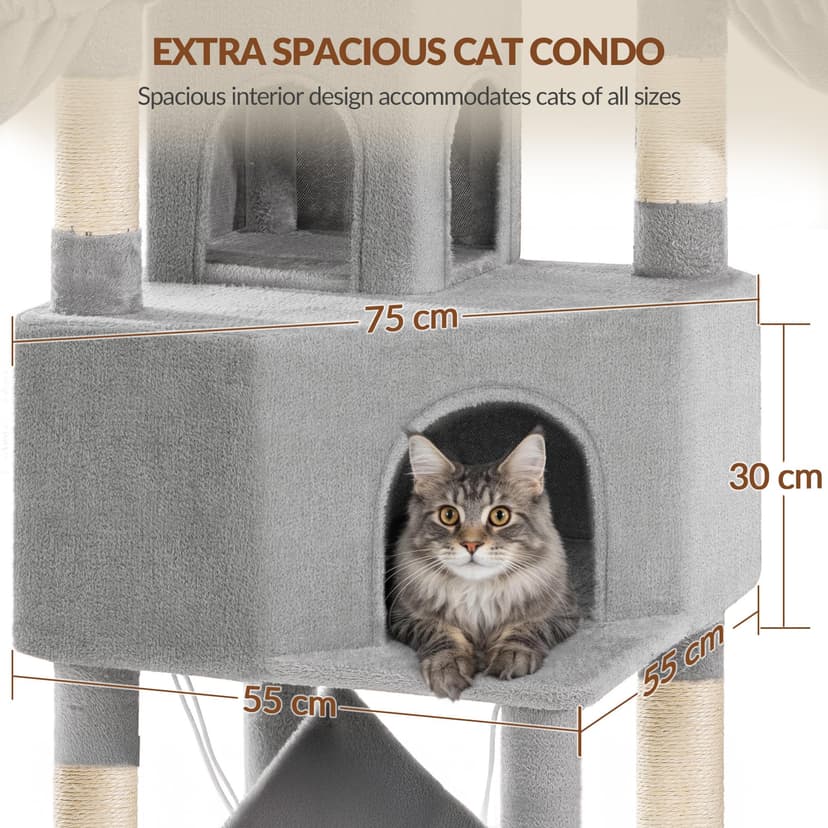 Fobyfurny Large Cat Tree, 220cm Cat Climbing Frame with Large Cave, 3 Top Perches, 8 Sisal Posts, Hammock, Baskets, Grooming Post, Thick Sisal Rope, Play Towers & Trees for Cats, Light Grey FPMS011FG1 - 4