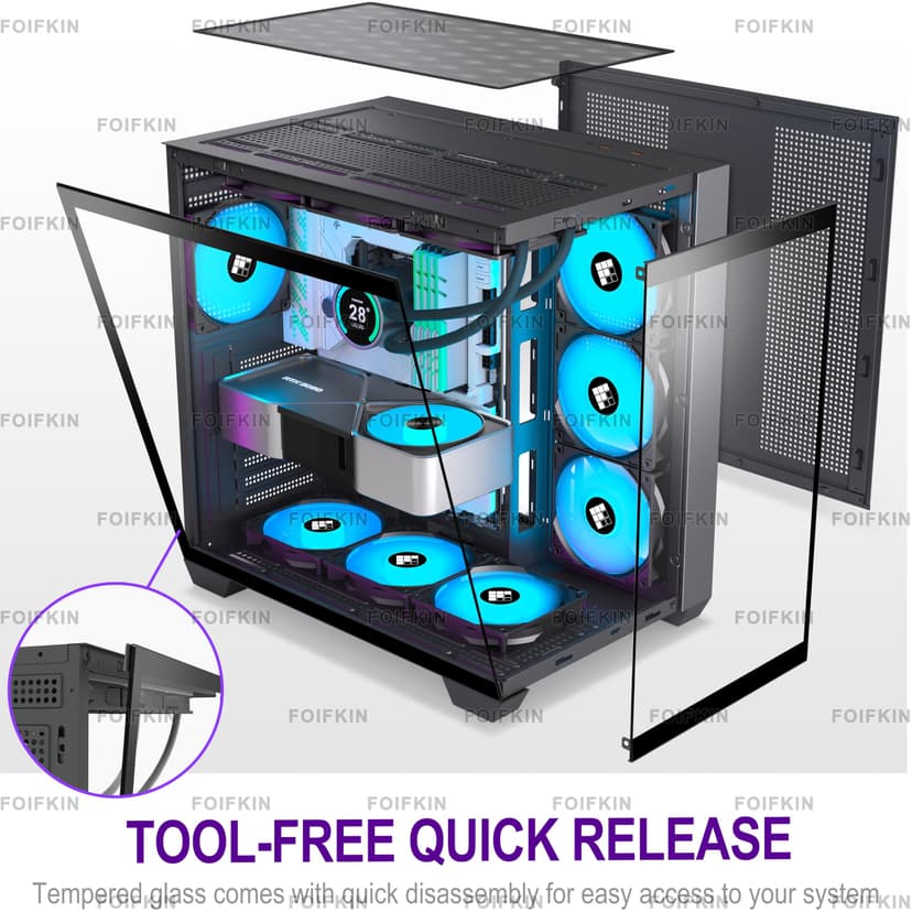 FOIFKIN F300 Boitier PC ATX avec 7 Ventilateur PWM ARGB,Boîtier PC Gamer,Boîtier d'ordinateur Moyen Tour Verre panoramique,ATX Boîtier Noir,Support RAD 360mm,Type-C,Flux d'air élevé (Noir-RGB, F300) - 2