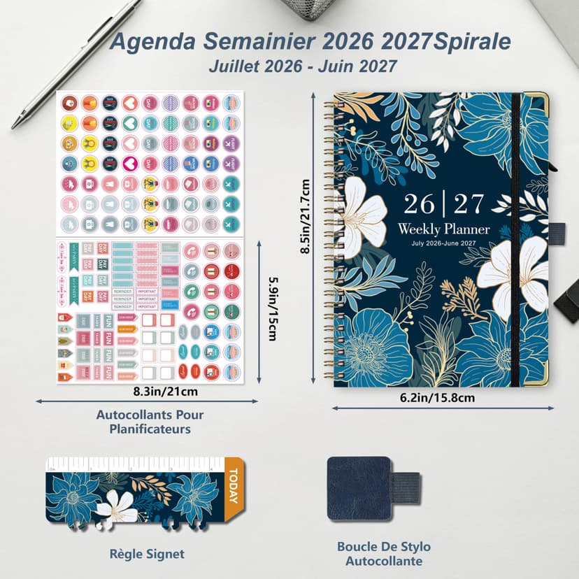 NEYSA Diary 2026 2027 Week to View - A5 Academic Diary July 2026 - June 2027 (12 Months) Planner with Self-adhesive pen loop, Ruler Bookmark & Stickers - 2