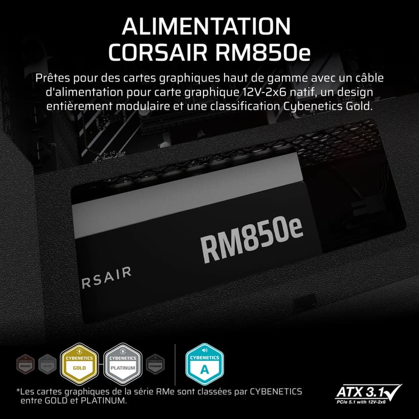 CORSAIR RM850e (2025) Fully Modular Low-Noise ATX Power Supply with 12V-2x6 Cable – ATX 3.1 & PCIe 5.1 Compliant, Cybenetics Gold Efficiency, 105°C-Rated Capacitors, Modern Standby Mode – Black - 2