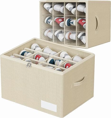 WANGIRL Fabric Shoe Storage Box, Fits 12 Pairs, Foldable Shoe Organiser for Wardrobe with Clear Lids, Bottom Support and Reinforced Handles, 1 Pack Beige