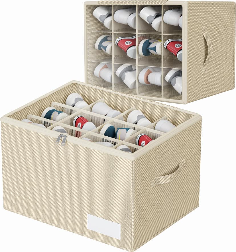 WANGIRL Fabric Shoe Storage Box, Fits 12 Pairs, Foldable Shoe Organiser for Wardrobe with Clear Lids, Bottom Support and Reinforced Handles, 1 Pack Beige - 1