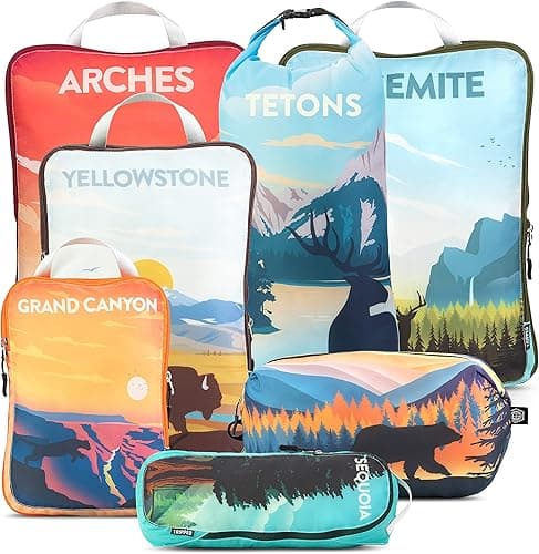TRIPPED Travel Gear – Lot de 7 cubes de rangement pour voyage, organiseurs de bagages extra larges, ultra légers, extensibles/sacs de compression pour vêtements (parcs nationaux)