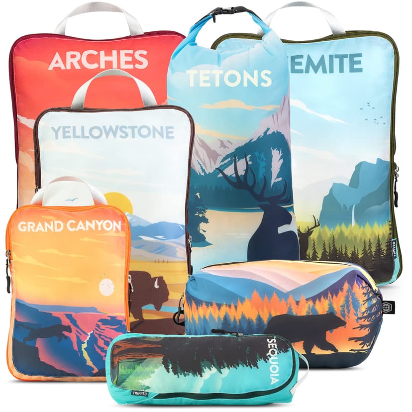 TRIPPED Travel Gear – Lot de 7 cubes de rangement pour voyage, organiseurs de bagages extra larges, ultra légers, extensibles/sacs de compression pour vêtements (parcs nationaux) - 1