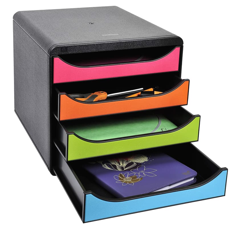 Exacompta - Ref 310498D - BIG-BOX Desktop Drawer Set - 4 x 55mm Drawers, Suitable for A4+ Documents, 347 x 278 x 267mm, 100% Recycled Plastic - Black/Harlequin - 6