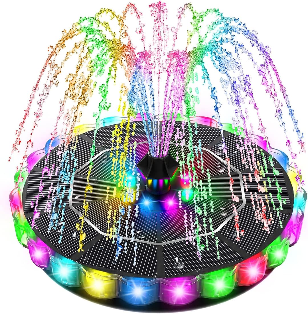 SZMP 3.5W Solar Fountain for Bird Bath with 2000mAh Battery & 3D Color Changing LED Light, 4 Anti-Drift Fixer & 8 Nozzles, 2026 Upgrade Solar Powered Water Fountain Kit for Garden, Patio, Pond