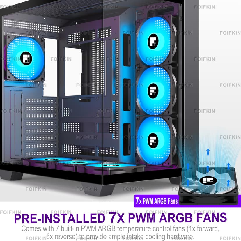 FOIFKIN F300 Boitier PC ATX avec 7 Ventilateur PWM ARGB,Boîtier PC Gamer,Boîtier d'ordinateur Moyen Tour Verre panoramique,ATX Boîtier Noir,Support RAD 360mm,Type-C,Flux d'air élevé (Noir-RGB, F300) - 4
