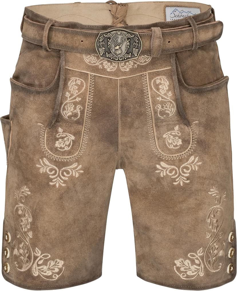 Schöneberger Trachten Couture Lugano Men's Leather Trousers with Traditional Belt, Traditional Vintage Costume Trousers for Oktoberfest Made of Nubuck Leather, brown, 42 - 1
