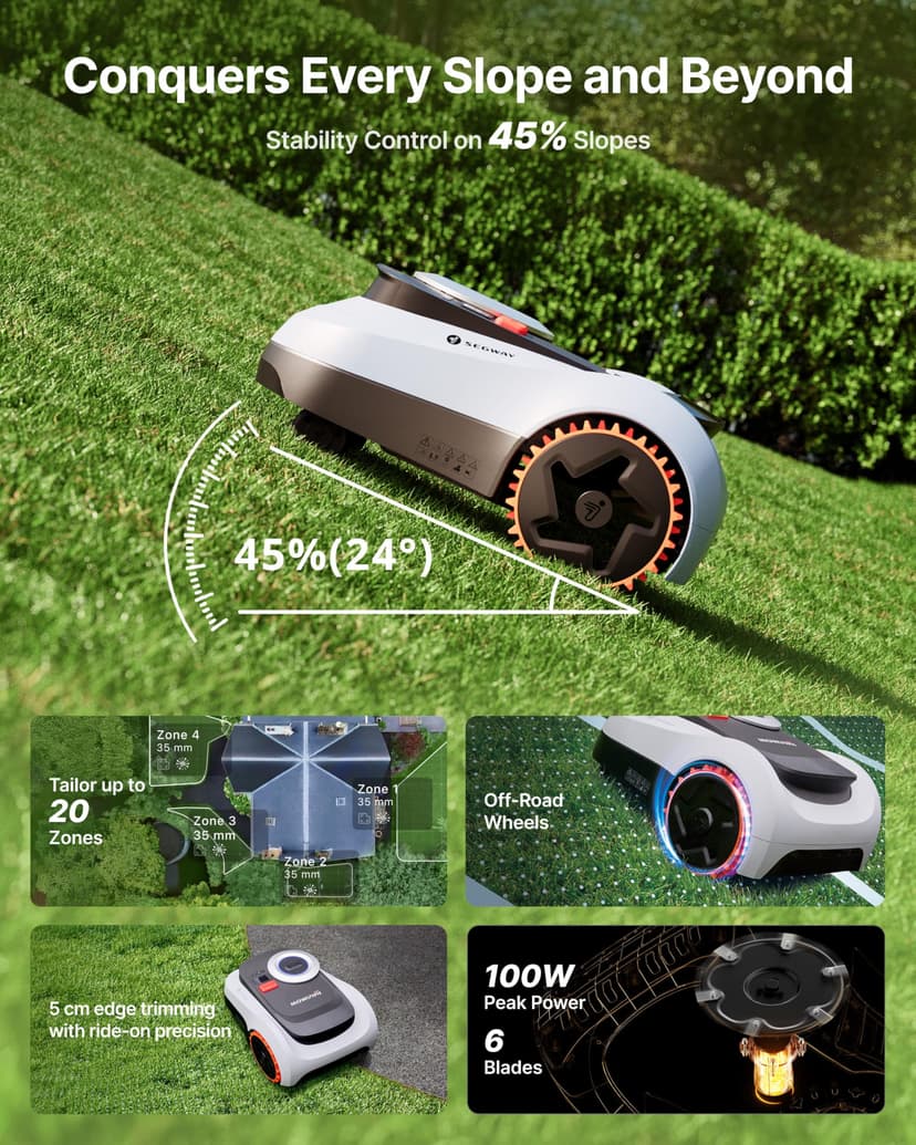 Segway Navimow i215 LiDAR Robotic Lawn Mower for 1500m² with Garage M, Off-Road Wheels for 45% Slopes, Solid-state LiDAR + Vision, Auto Mapping, No Wires, No Antenna, Built-In 4G (Ship Separately) - 6
