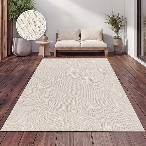 Paco Home Tapis Exterieur Terrasse Salon Cuisine Motif Scandinave Motif Boho Uni Crème, Dimension:200 cm Ronde, Couleur:Crème 10