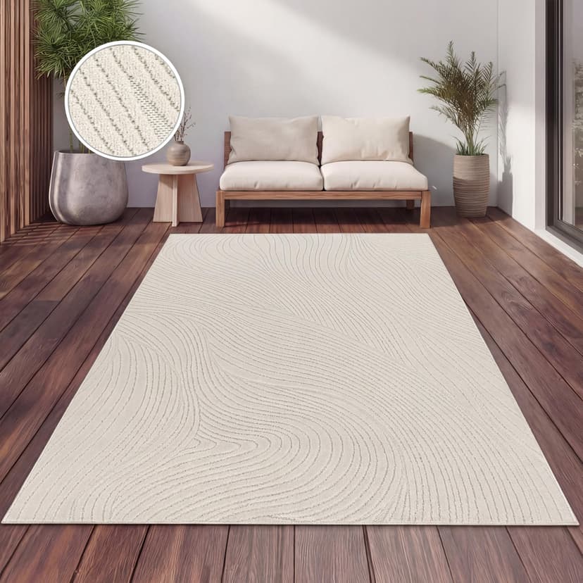 Paco Home Tapis Exterieur Terrasse Salon Cuisine Motif Scandinave Motif Boho Uni Crème, Dimension:200 cm Ronde, Couleur:Crème 10 - 1