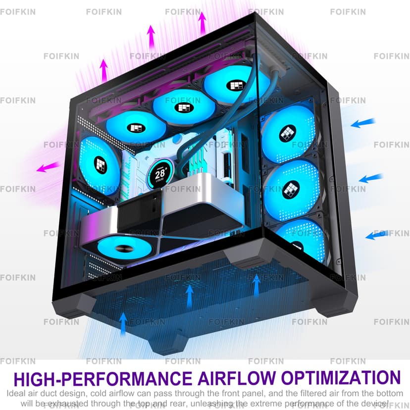 FOIFKIN F300 Boitier PC ATX avec 7 Ventilateur PWM ARGB,Boîtier PC Gamer,Boîtier d'ordinateur Moyen Tour Verre panoramique,ATX Boîtier Noir,Support RAD 360mm,Type-C,Flux d'air élevé (Noir-RGB, F300) - 3