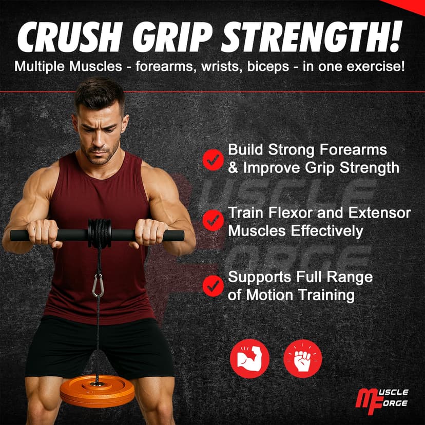 MuscleForge Wrist Roller Forearm Trainer up to 60KG load for Grip and Forearm Strength, Wrist Strengthener for Strong and Muscular Forearms - Supports 25/50mm Plates - 6