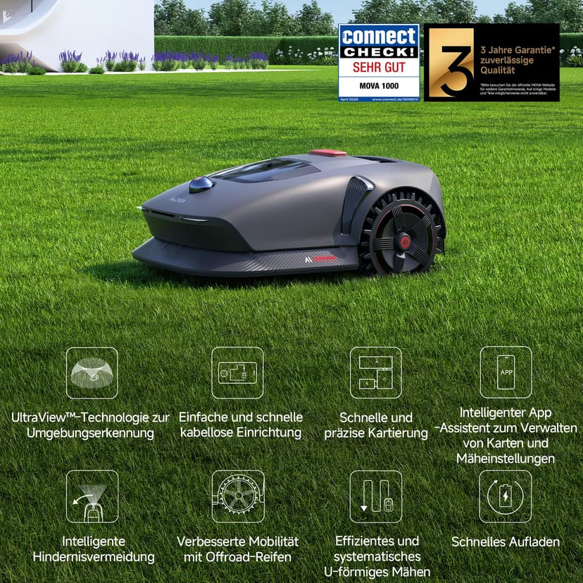 MOVA 1000 Robotic Lawnmower, UltraView Wireless Installation and Accurate Mapping up to 1000 m², smart Obstacle Avoidance, app Control, Improved Off-Road Wheels, U-Shaped Mowing, Fast Charging - 2